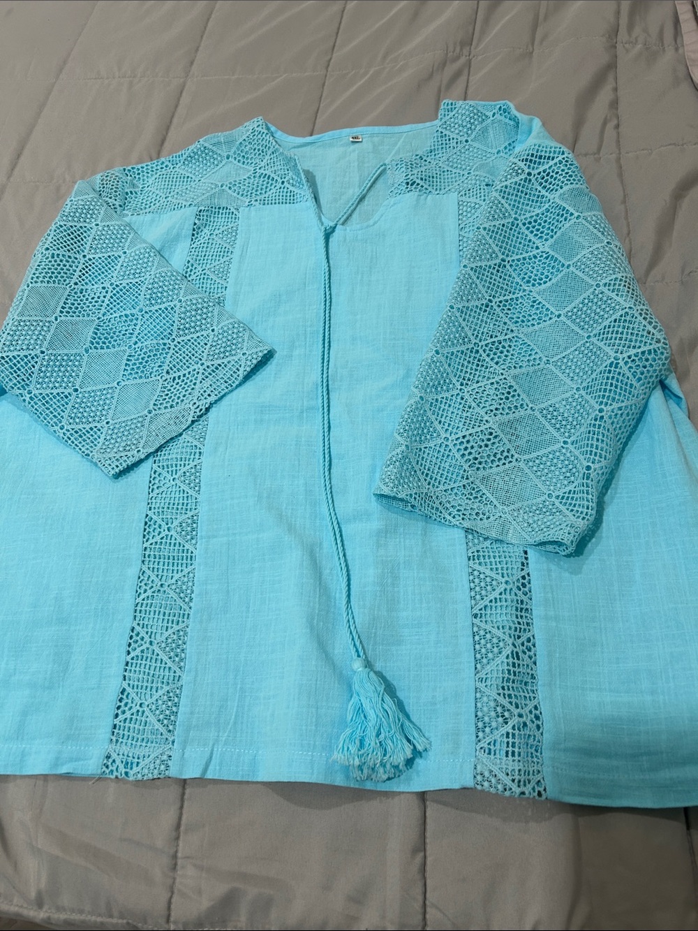Turquoise Crochet Accent Tunic Top